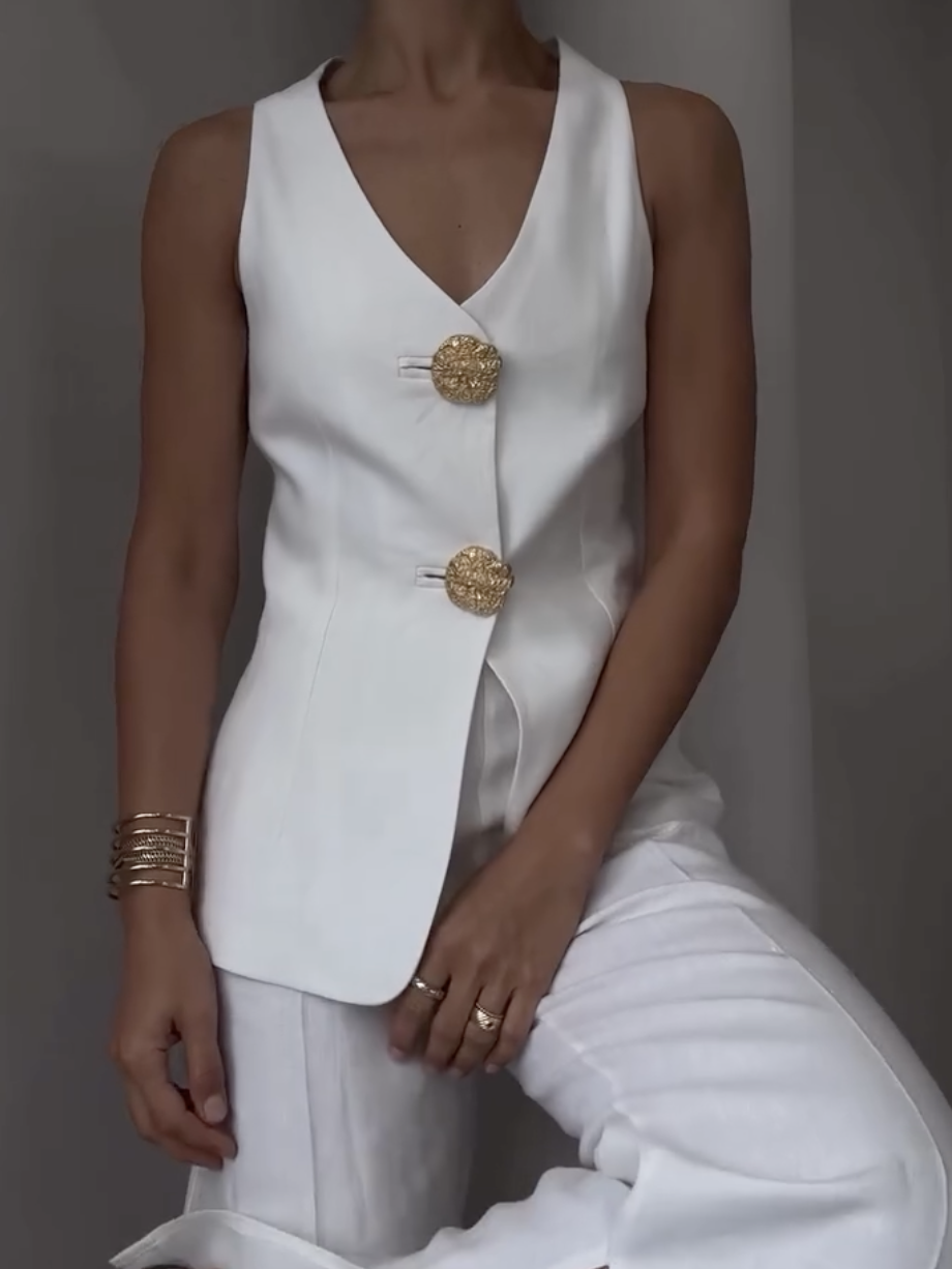 Odette Button-Detail Linen-Blend Set