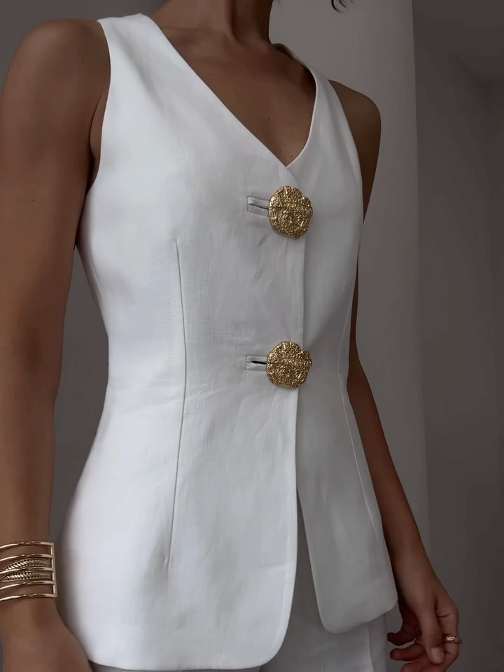 Odette Button-Detail Linen-Blend Set