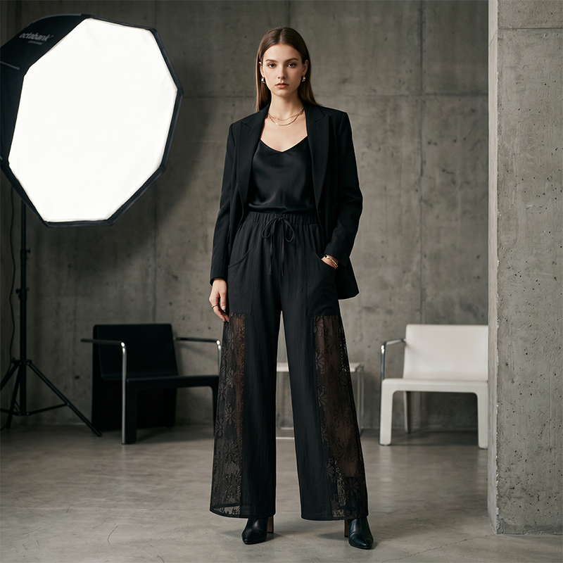 Elena Lace-Panel Wide-Leg Pants