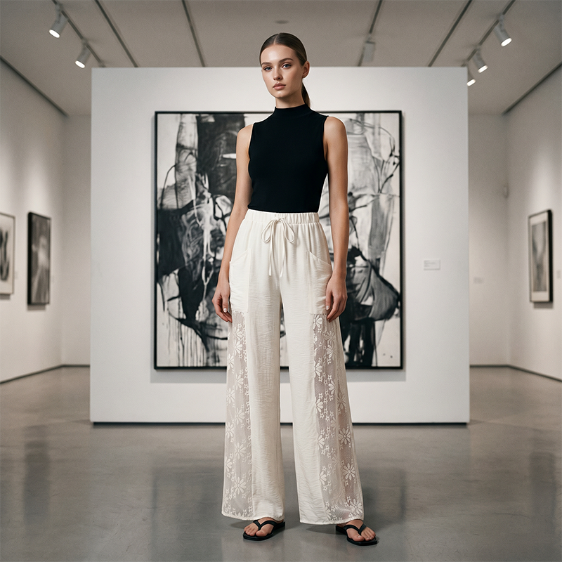 Elena Lace-Panel Wide-Leg Pants